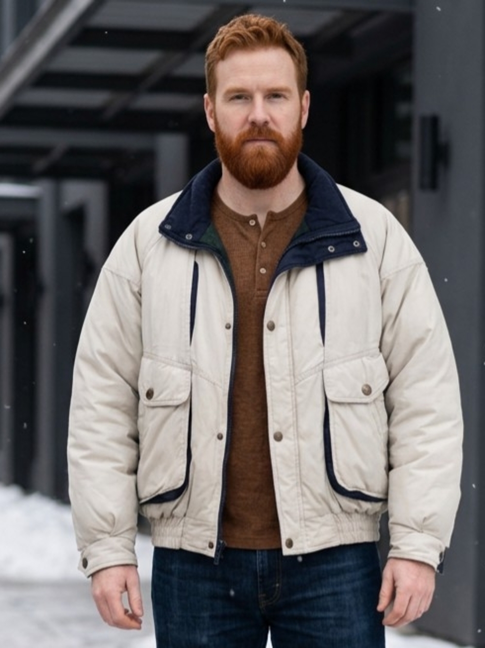 Vtg William Barry Beige/Navy Full-Zip Utility Bomber Jacket Grey Duck Down L
